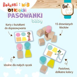 Trefl - O!Klöcke - Baby, Bobas and Bear - Toy Wood, Wooden Sticks & Colour Cards for Shapes, Ecological Toy Made of Natural Wood for Children from 6 Months