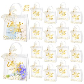 50Pcs Clear Gift Bags Thank You Bag with Handle, SHAIDOJIO Plastic Small Party Favor Goodie Bags Bulk with Ribbon, 5.9 x 6.3 x 2.8in Reusable Shopping Tote Bags for Wedding Birthday Baby Shower Bridal