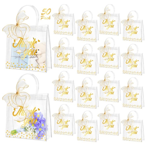 50Pcs Clear Gift Bags Thank You Bag with Handle, SHAIDOJIO