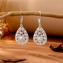 Silver Teardrop Dangle Earrings for Women 925 Sterling Silver Cubic Zirconia Leverback Filigree Drop Dangle Earrings Jewelry Hypoallergenic Silver Teardrop Filigree Earring for Women