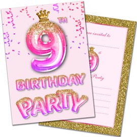 Olivia Samuel 20 Pack of 9th Birthday Invitations with Envelopes – Pink and Gold Glitter Effect – Ready to Write – Designed and Printed in the UK