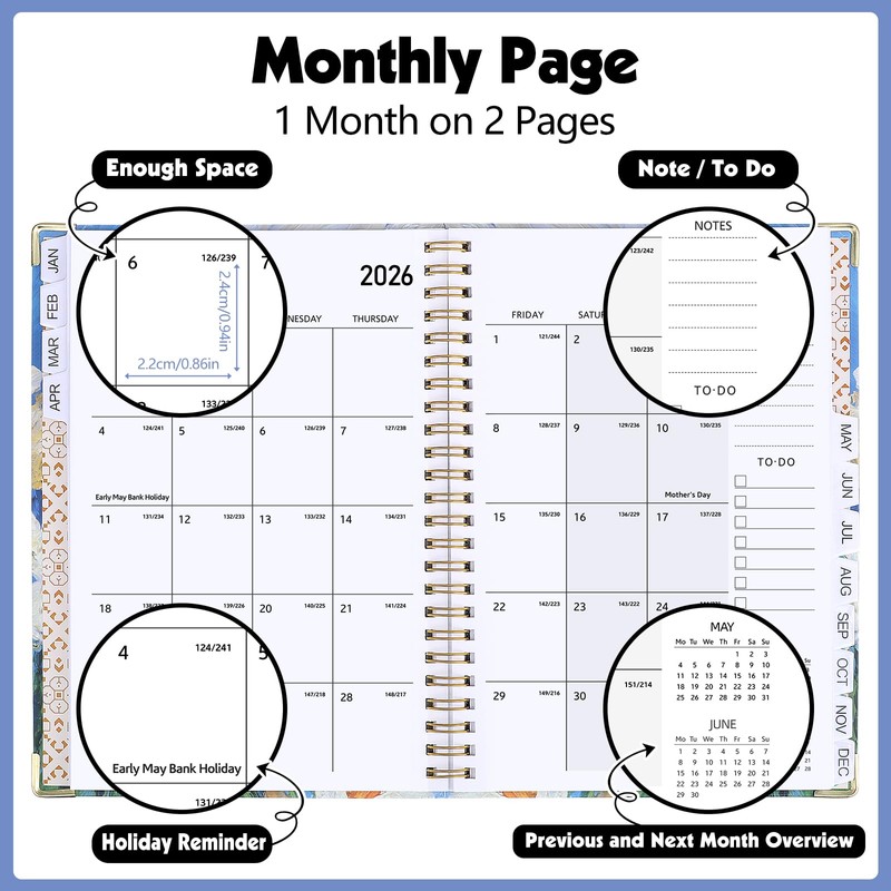 Diary 2026, A5 Weekly Planner Notebook from Jan. to Dec.