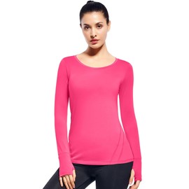 Womens Long Sleeve Workout Tops Dry Fit with Thumb Holes(Neon Pink,L)