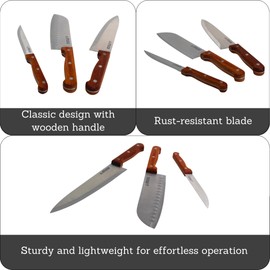 IMUSA 3pc Knife Set with Wood Handle, 8” Chef Knife, 7” Santoku Knife & 5” Utility Knife, Sharp Kitchen Knives for Cooking, Stainless Steel Blade