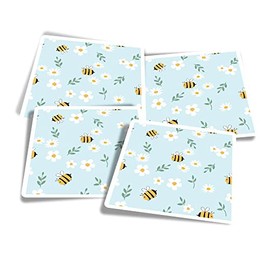 Vinyl Square Stickers (Set of 4) 10cm - Honey Bees & Flowers Mum Mother's Day for Laptops, Tablets, Luggage, Scrap Booking, Fridges #170625