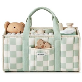 Blissful Diary Changing Table Organiser, Changing Basket for Changing Station, Stylish Changing Organiser for Baby Supplies, Essential Gift for Birth and Baby Registry, Green Checked