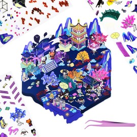 1 Sets Large 3D Sticker Scene 3D House Stickers with Tweezers Ancient Style Restaurant Scenes Make Your Own House Miniature Scene Stickers