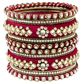 Aheli Velvet Matching Fancy Silk Thread Red White Chuda/Chura Bangle Set Gift for Women Size 2.8"