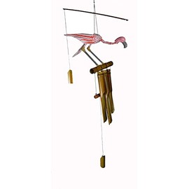 Hand Carved Large Beautiful Bamboo Wood Pink Flamingo Wind Chime Tropical Art