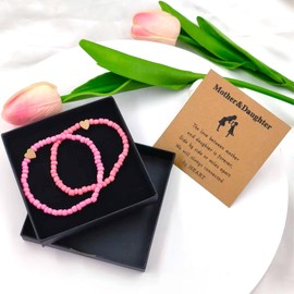Pink Heart Charm Bead Stretch Bracelet for Mom and Daughter Mothers Day Gifts Mother Daughter Beaded Bracelets Jewelry Birthday Present Christmas Gifts for Mama Grandma