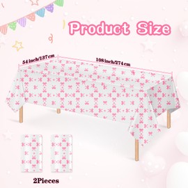 2 Pcs Pink Bow Table Cloth Rectangle Table Party Supplies Bow Theme Disposable Plastic Table Covers Waterproof Coquette Birthday Decorations for Women Girls Bridal Baby Shower Bachelorette Party Decor