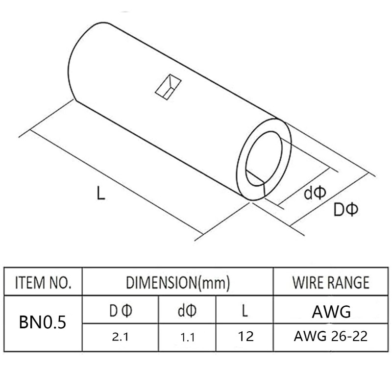Teansic 100 Pcs Non Insulated Butt Connectors AWG 26-22 Uninsulated