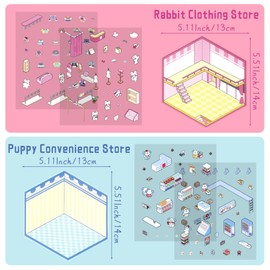 4 Sets DIY 3D House Stickers, Fun DIY Stickers Scene Make Your Own Mini Room Scenes, Cute Sticker Scenes for Adult Kids Relief Stress Pass The Time, Convenience Stores Clothing Stores and Bakeries