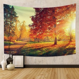 Fall Forest Tapestry Wall Hanging, Fantasy Golden Sunshine Sunset Scenery Tapestry, Autumn Tree Natural Landscape Wall Art for Bedroom Living Room Indie Party Decor, 60X40 Inches