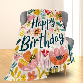 Ti Caldi Happy Birthday Blanket, Soft Fuzzy Warm Lightweight Flannel Throw Blanket with Flowers, Ideal for Couch, Bed, Decor, Travel & Outdoor Use, for Women Girls 60×50 in