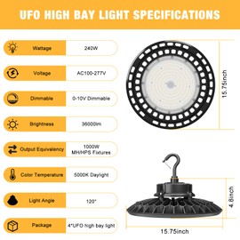 240W UFO LED High Bay Light, High Bay LED Lights 36,000LM(1000W MH/HPS Eqv.) Dimmable High Bay 6' Cable with US Plug, Hanging Hook, Safe Rope, ETL Listed High Bay Light for Warehouse Factory Barn Shop