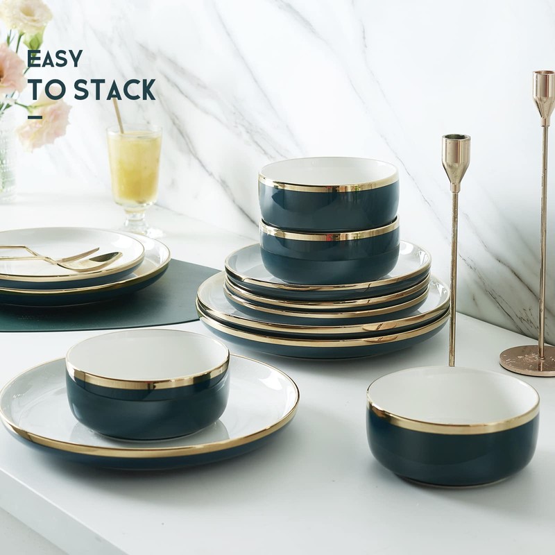 Pokini Porcelain Dinnerware Sets, 12 Piece Luxury China Plates and