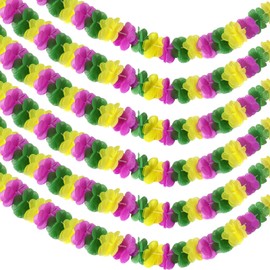 HunnmingRe 6 Pcs Mardi Gras Leis Hawaiian Flower Garlands 59 Feet Length Wreath Necklace Flower Hawaiian Lei for Hawaiian Tropical Themed Holiday Luau Party(Purple, Green,Yellow)