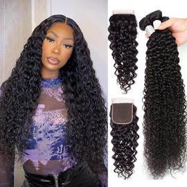 Water Wave Bundles Human Hair with Closure Wet and Wavy Weave Human Hair Bundles 100% Unprocessed Brazilian 3 Bundles Curly Human Hair Extension with 4x4 Lace Closure(20 22 24+18Inch)
