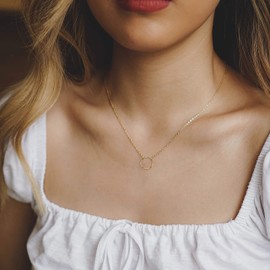 LOYATA Karma Open Circle Pendant Necklace, 14K Gold Plated New Moon Crescent Moon Full Moon Open Circle Hammered Pendant Necklaces for Women (Circle Gold)