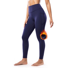 ENERBLOOM Women's Fleece Lined Leggings with Pockets Thermal Warm Winter High Waisted 28'' Yoga Pants Tights Full Length Navy Blue Medium
