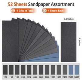 Hyietta Sand Paper Assortment, 52 Sheets Assorted Grits 120/150/180/240/320/400/600/800/1000/1500/2000/2500/3000, 4 Sheets Each, 9 x 3.6 Inches, Dry & Wet Sanding, Abrasive Sanding Sheets