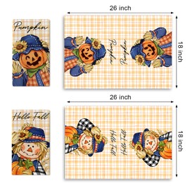 Croar Hello Fall Pumpkin Scarecrow Kitchen Dish Towels Set of 2, Autumn Yellow Plaid Check Drying Hand Towels Baking Cooking Cloth, Sunflower Farmhouse Seasonal Rustic Home Kitchen Decor 18 x 26