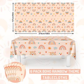 JarThenaAMCS 6Pcs Boho Rainbow Tablecloth Retro Rainbow Disposable Table Cover 54 x 108 Inch Hippie Plastic Rectangle Table Cloth for Baby Shower Birthday Party Decor Supplies