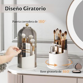Organizador de Maquillaje Giratorio 360 Grados, Porta Brochas con Tapa Porta Cepillo de Dientes Baño a Prueba de Polvo, Organizador de Tocador Mujer con 3 Ranuras para Cosméticos y Skincare