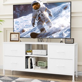 Lulive TV Stand, Wide Dressers and Chests of Drawers with Charging Station, 4 Drawers Storage Media Console Sofa Table for 50 Inch TV, Bedroom, Living Room, White