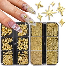 Fspronail Star Nail Charms, 2 Boxes Gold Nail Charms Twinkle Stars Cross Metal Charms for Nails Design Studs Rivets Mix Size Gold Caviar Nail Beads Y2K Decoration for Acrylic Nails