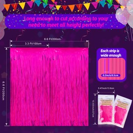 Glow in The Dark Party Supplies 2 Pack Neon Party Decorations Fluorescent Tinsel Foil Fringe Curtains Photo Booth Prop Backdrop Streamer Blacklight Decorations (Neon Hot Pink)