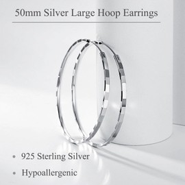 Cangall Silver Hoop Earrings for Women, 925 Sterling Silver Large Hoop Earrings, Lightweight 50mm Big Large Silver Hoop Earrings, Hypoallergenic Shiny Round Huggie Circle Endless Silver Hoop Earrings