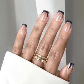 Black French Tip Press On Nails, Short Square fake Nails with Nail Glue, Reusable Soft Gel Stick On Nails for Women Girls Gift, 24PC Elegant Glue On Nails Kit