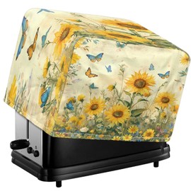 Tnasranmo Sunflower Butterfly Toaster Cover No Base, 4 Slice Wide Slot, Waterproof Silver-Coated Polyester, Drawstring Closure, Compatible with Most Bread Makers, Toaster Oven Cover