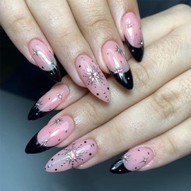 Black French Tip Press on Nails Medium Almond Fake Nails with Silver Star Rhinestones Glitter Design Glossy Pink Gel Glue on Nail Shiny Manicure Art False Nails Stick on Nails for Women 24Pcs