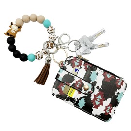 WAFOIRO Highland Cow Wristlet Bracelet Keychain with Wallet Card Holder - Silicone Beaded Keyring Purse for Women Girls (Blue-01)