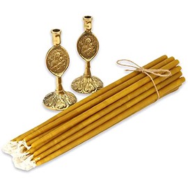 BlessedMart Set of 2 Theotokos Design Brass Candle Holders and 20 Pure Beeswax Church Candles, Orthodox Tapers, Home Altar, Yellow, Gold