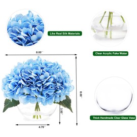 JOJOWOO Hydrangea Fake Flowers in Vase, Silk Flowers in Vase with Faux Water for Home Decor Indoor (Blue)