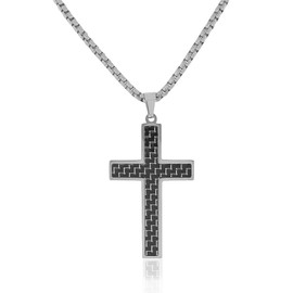 Edforce Stainless Steel Silver-Tone Simulated Black Carbon Fiber Statement Cross Necklace