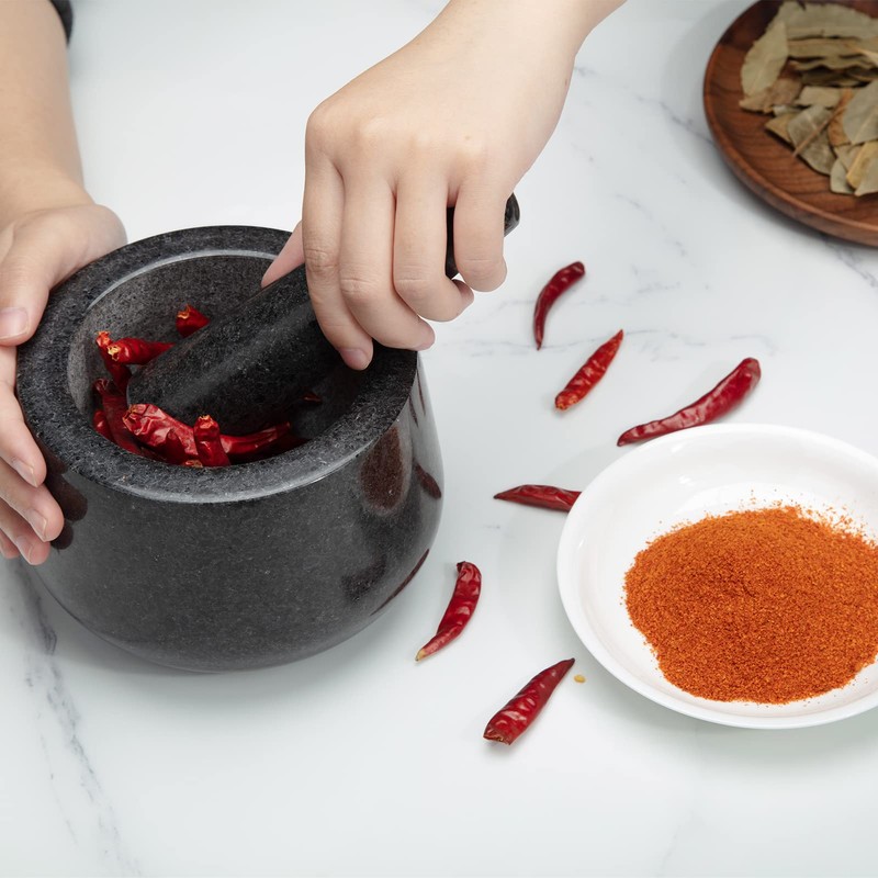 Polished Granite Mortar and Pestle Set, Stone Grinder Bowl for