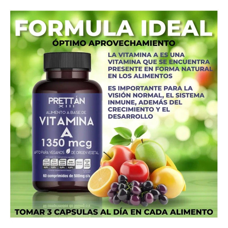 Suplemento Con Vitamina A Prettan Vegano 60 Capsulas 500mg