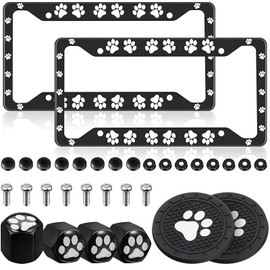 2 Pieces Paw License Plate Cover Paw Print License Plate Frame Aluminum Alloy License Plate Covers with 4 Pieces Paw Valve Stem Caps and 2 Pieces Paw Cup Pads(Black Frame)