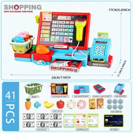 JoyGrow Cash Register Toys for Kids Pretend Play Supermarket Shop Toys With Real Calculator,Working Scanner,Credit Card,Play Food,Money and more,Learning Educational Toys for Kids Boys Girls (Bule)