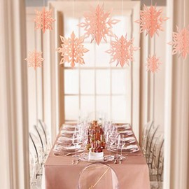 Christmas Hanging Snowflake 3D Hollow-Carved Glittery Ornaments Set of 6pcs with Different Sizes for Christmas Winter Wonderland New Year Party Home Decoration (Pink)