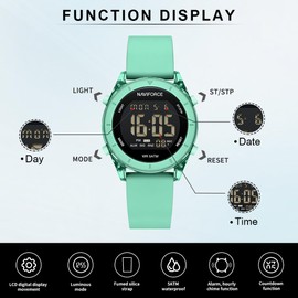 NAVIFORCE Digital Sport Waterproof Watches with Stopwatch, Alarm, 12/24 Hours, Hourly Time Signal and Snooze Function, Silicone Strap Wristwatch for Women