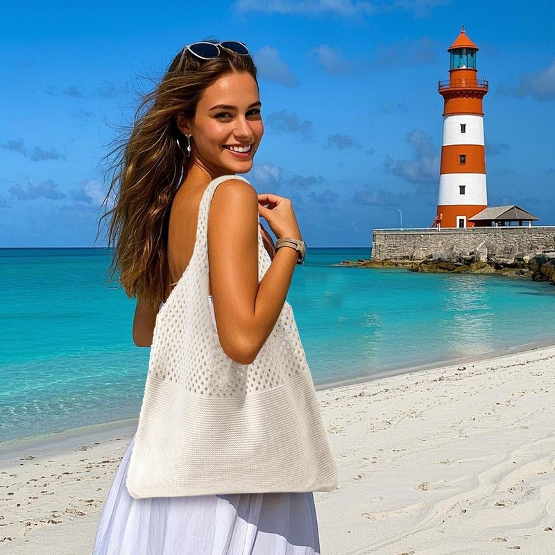 VerLuky Crochet Mesh Beach Tote Bag, beige