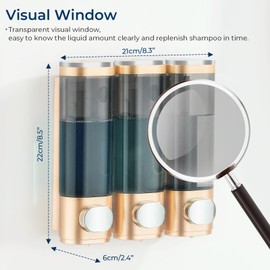 Shampoo and Conditioner Dispenser, Pollock Shower Dispenser 3 Chamber No Drill Shampoo Dispenser for Shower Wall Mounted Shampoo Conditioner Body Wash Dispenser for Bathroom,Large Capacity,Gold