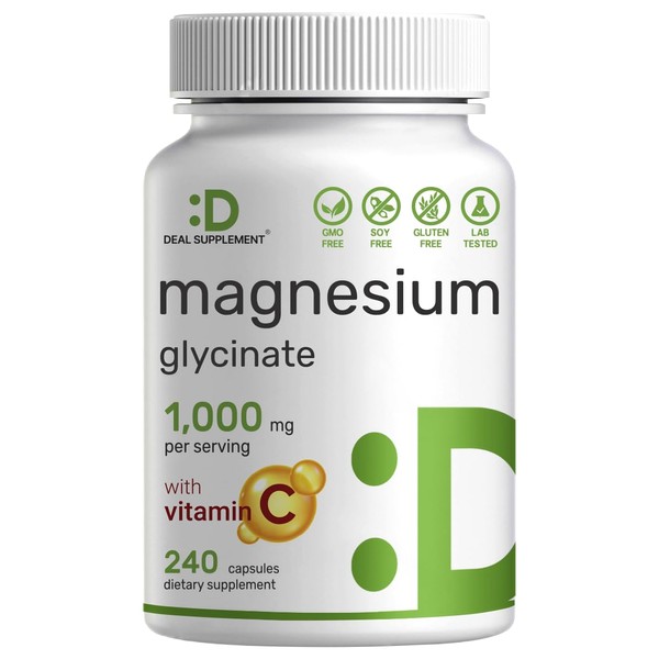 Magnesium Glycinate Plus Vitamin C – 100% Chelated for Absorption – Essential Mineral Supplement for Muscle, Mood, Sleep, & Heart Health