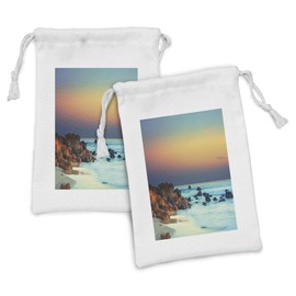 Lunarable Nature Fabric Pouch Set of 2, Colorful Sunset over Sea Stones on Foreground Caribbean Coast Scenery Picture, Small Drawstring Bag for Toiletries Masks and Favors, 9" x 6", Turquoise Orange
